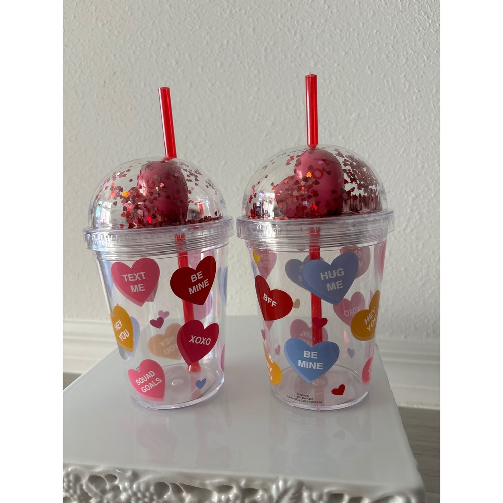 Bundle of 2 Valentine Dat Sweet heart Glitter conversation Straw cups NEW